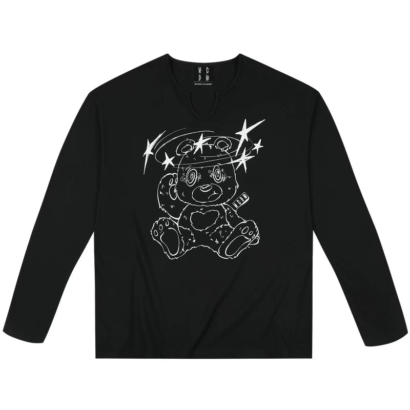 MEDM Dazzling Bear Printed V-neck Casual Long sleeved T-shirt Trendy Commuting Breathable Loose Couple Top Spring and Autumn