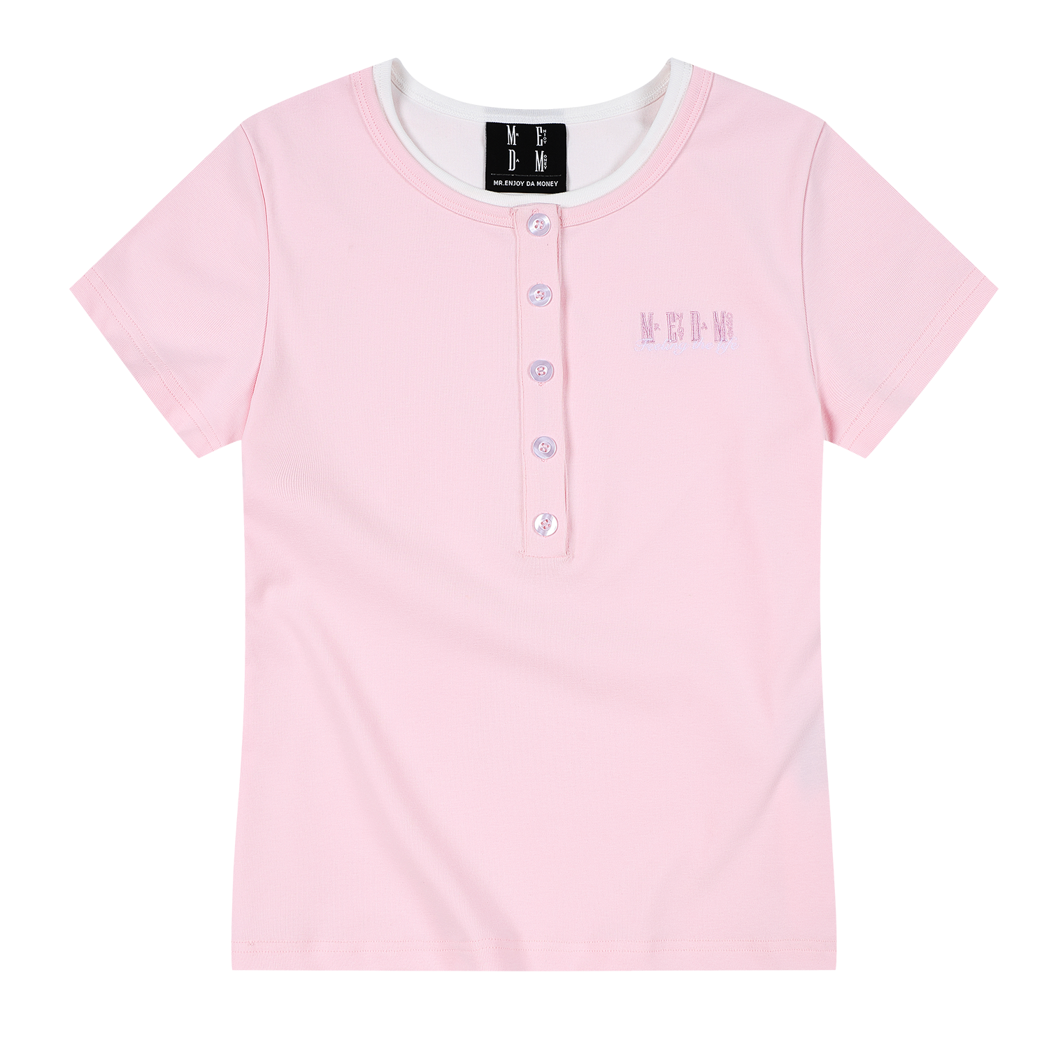 MEDM fake two Henry collar embroidered logo loose casual short sleeved slimming breathable versatile loose T-shirt for women