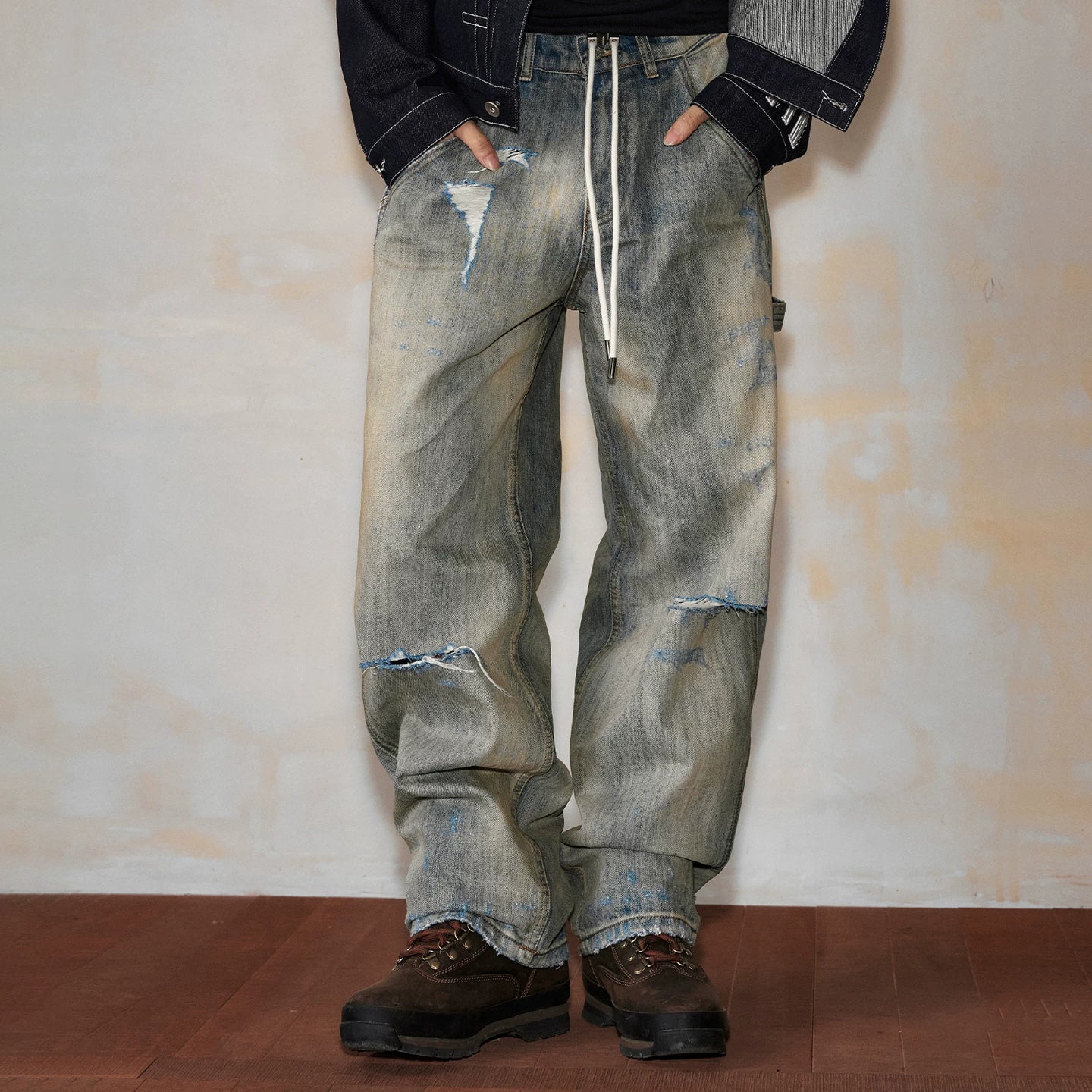 MEDM washed, rubbed, worn, M button casual jeans autumn and winter American street style multi pocket loose pants for men