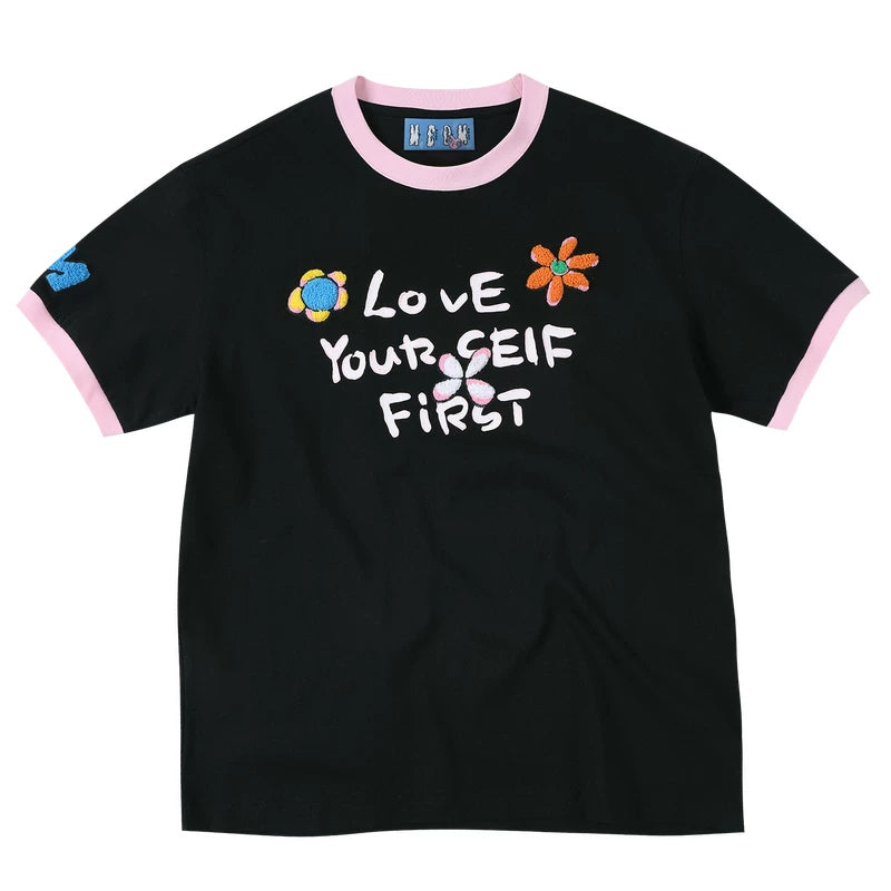 MEDM × YUY Jade Collaboration - Embrace Love Slogan Printed Color Contrasting Collar Cuffs Casual Round Neck Short Sleeve T-shirt