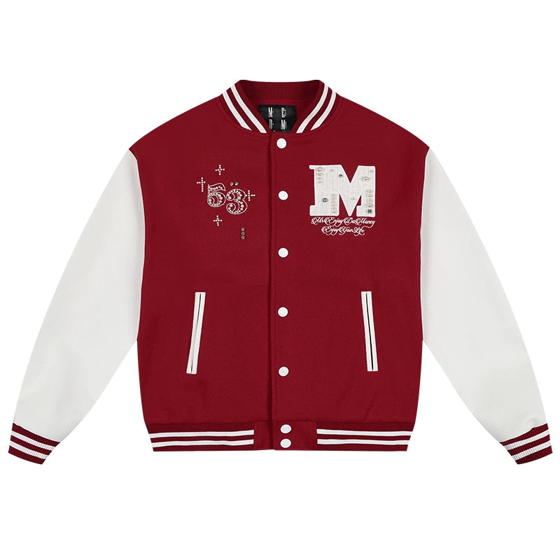 MEDM color blocking patchwork nail pearl casual stand up baseball jacket autumn American men's and women's loose long sleeved jacket jacket