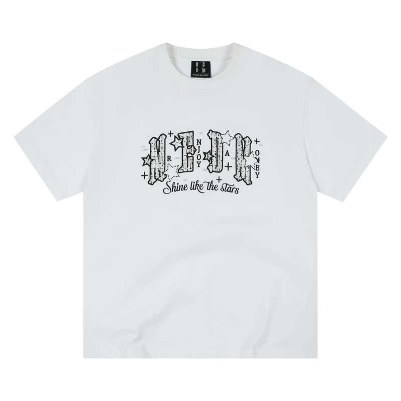 MEDM Little Fragrance Patch Logo Star Pearl Nail Embroidery Casual Short Sleeve Loose Round Neck Couple T-shirt Summer