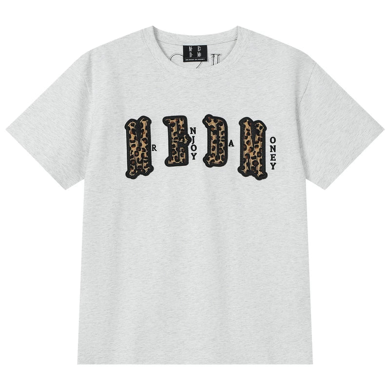 MEDM double-layer leather leopard print patch logo, four character casual round neck short sleeved shirt on the chest, summer new loose couple T-shirt