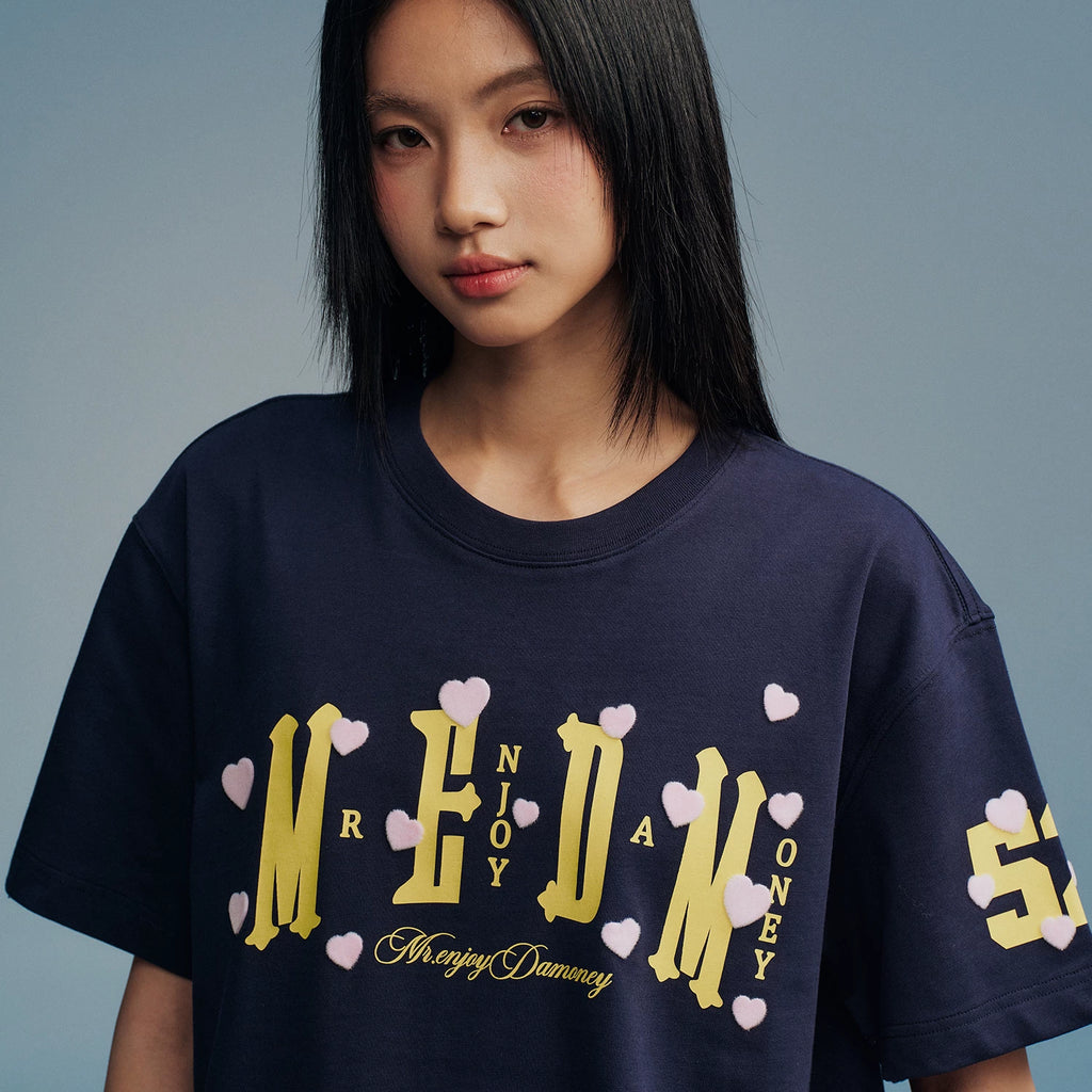 MEDM 52 Limited Edition Love Plush Printed Casual Round Neck Short Sleeve Couple's Loose Heavy Cotton T-shirt Summer