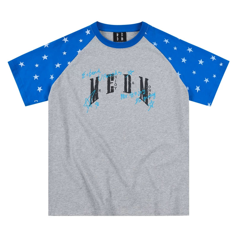 MEDM Handwritten Graffiti Printed Stars Full Print Casual Off Shoulder Short Sleeve Men's and Women's Loose Round Neck T-shirt Summer
