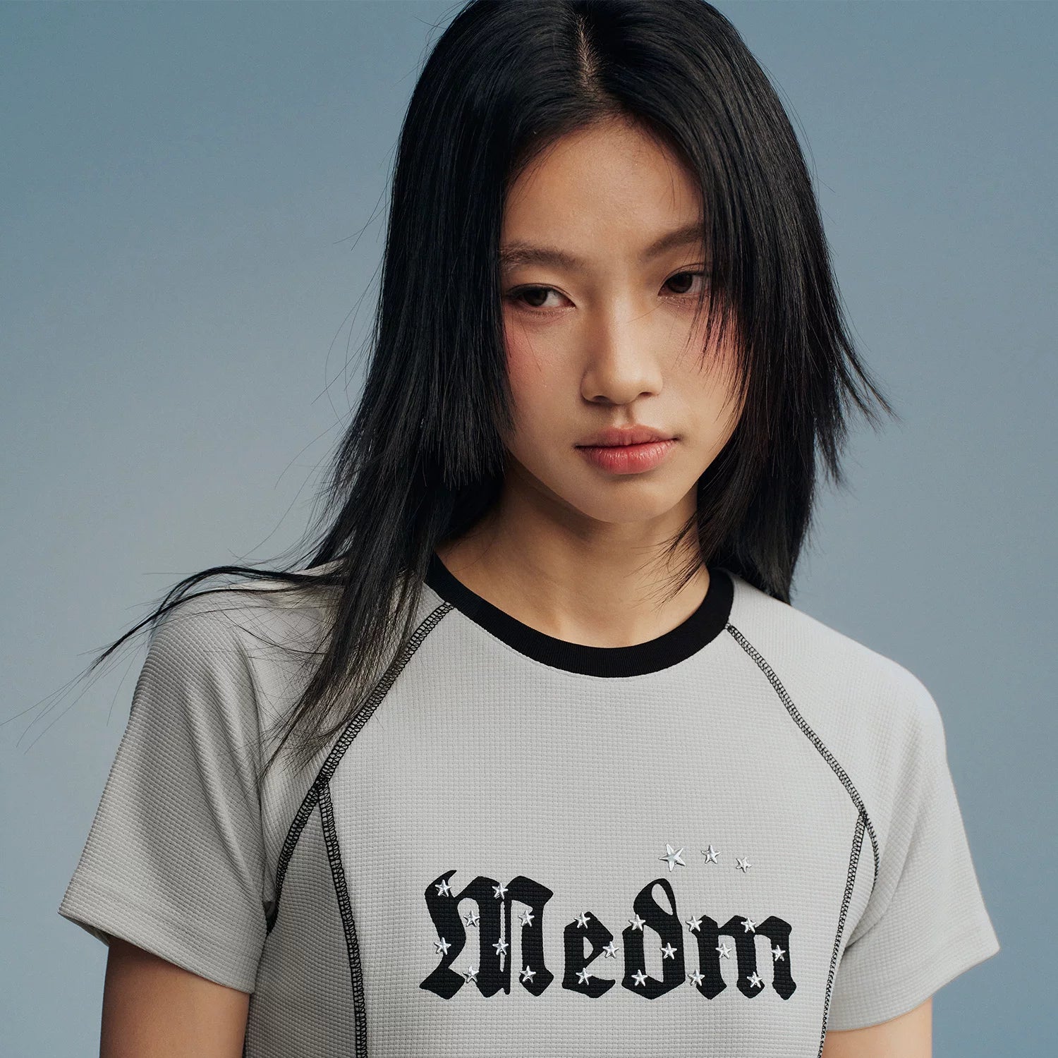MEDM contrasting color reverse car curve starry sky casual short sleeved high street letter printed functional style loose T-shirt for women