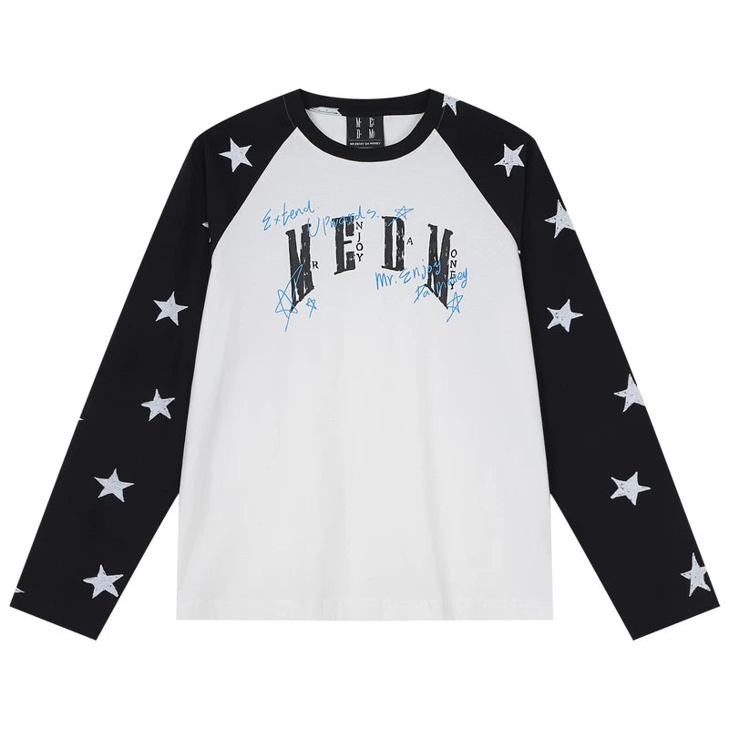 MEDM Handwritten Graffiti Printed Stars Full Print Casual Shoulder Long Sleeve T-shirt Trendy Unisex Loose Top