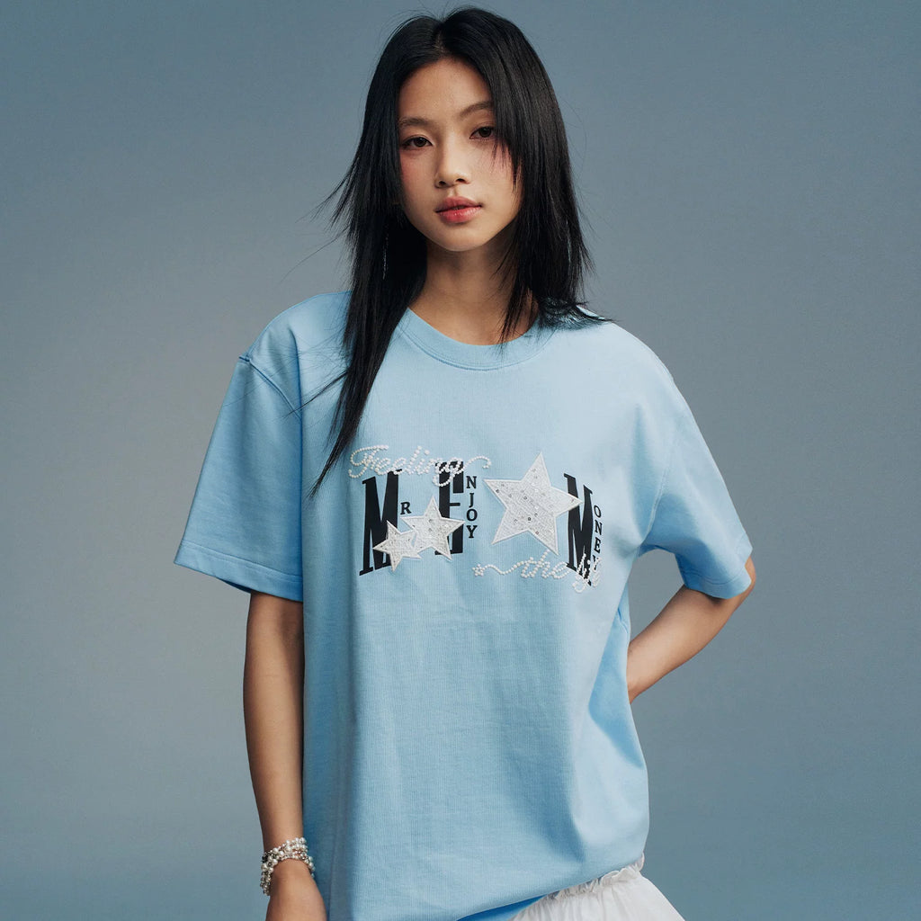 MEDM Little Fragrance Star Patch Cloth Letter Printed Casual Round Neck T-shirt American Street Versatile Cotton Couple Short Sleeve