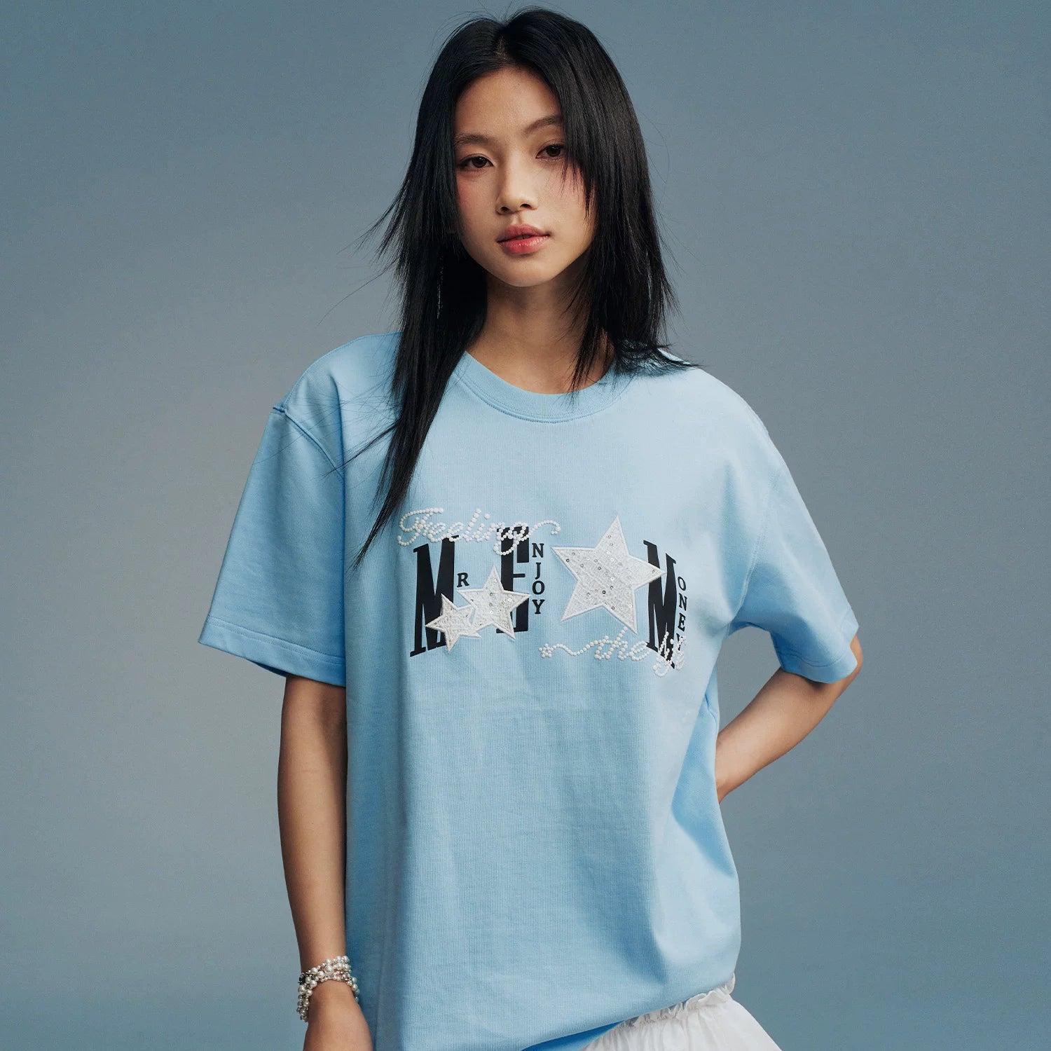 MEDM Little Fragrance Star Patch Cloth Letter Printed Casual Round Neck T-shirt American Street Versatile Cotton Couple Short Sleeve