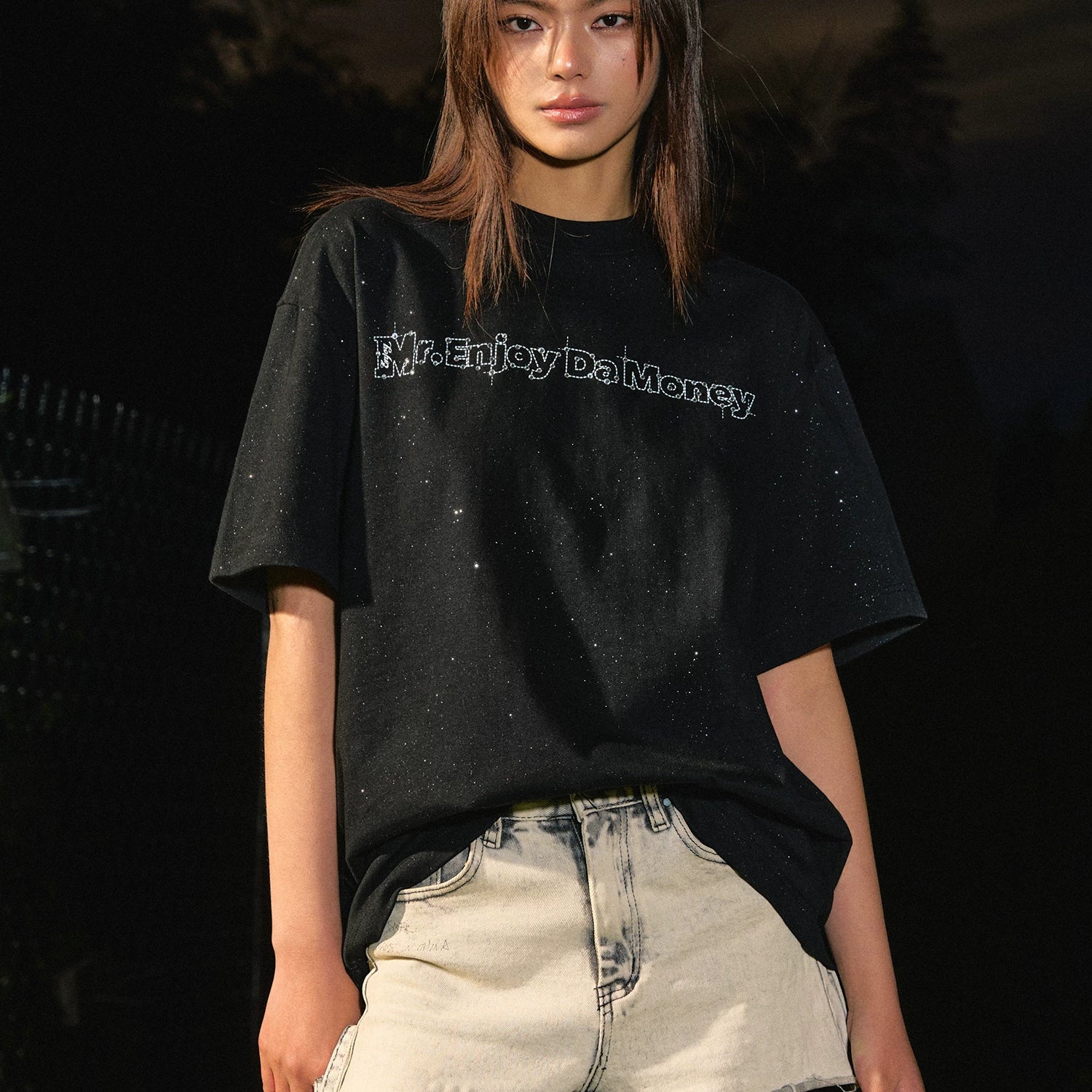 MEDM26SS Starry Sky Letter Diamond Technology Flash Point Fabric Short Sleeve Men's American Retro Leisure Summer T-shirt Women