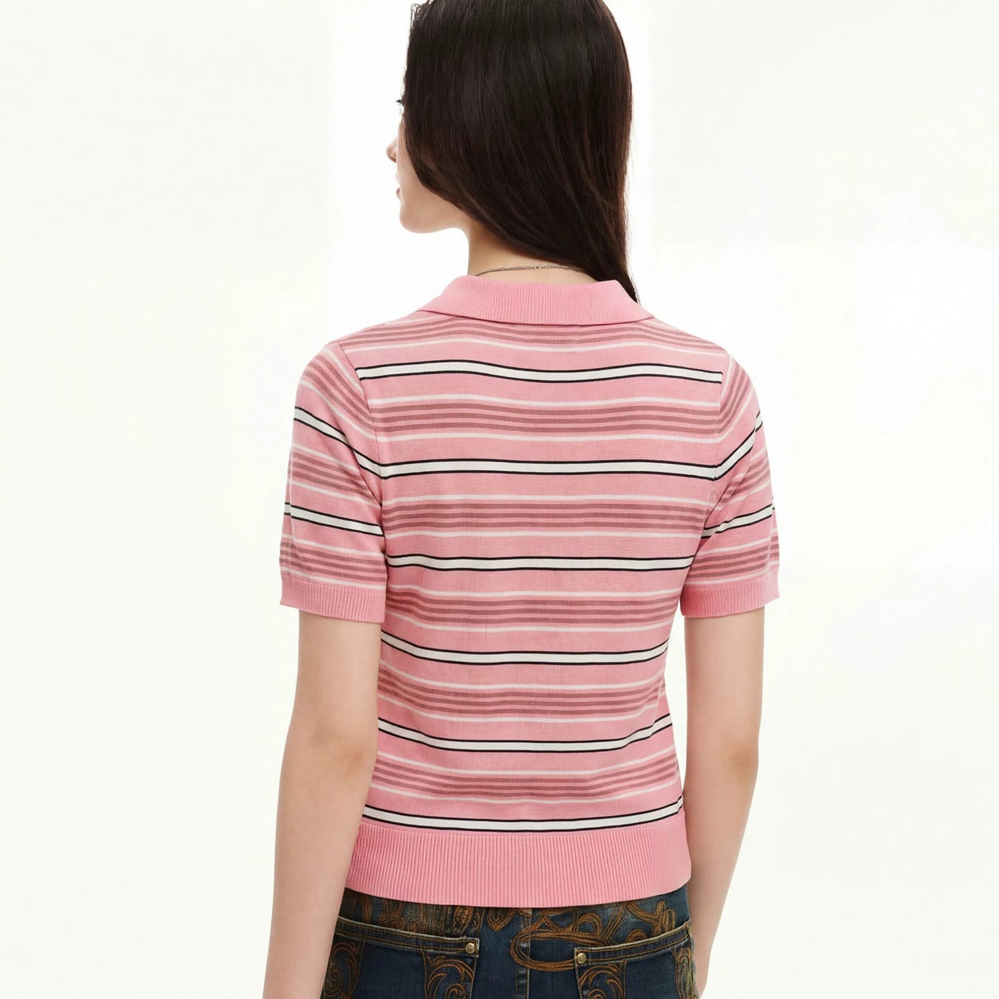MEDM fine striped floral embroidery women's casual lapel polo knit shirt slimming loose short sleeved top summer