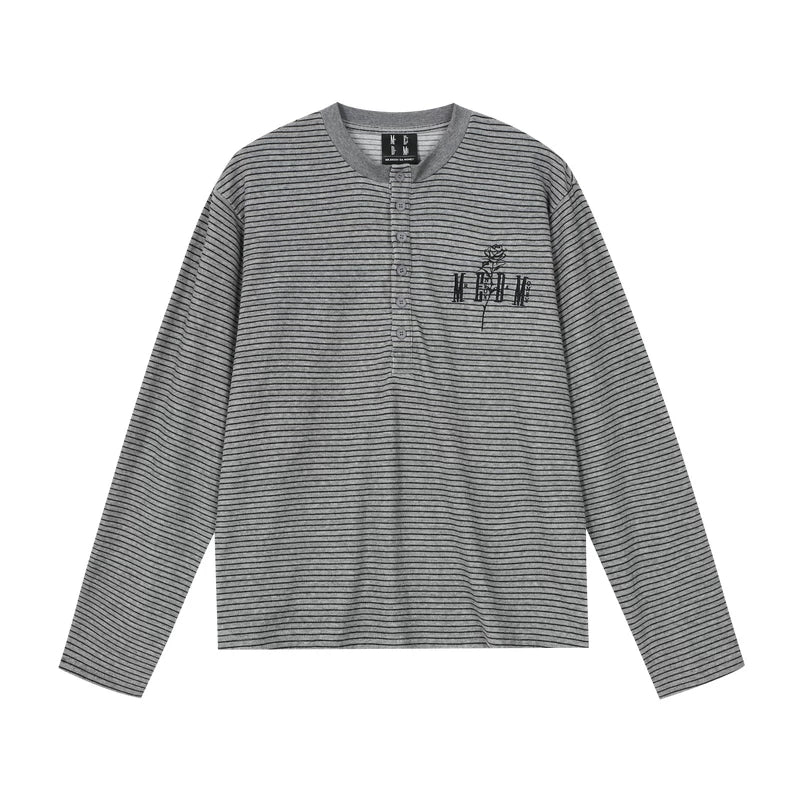 MEDM letter embroidery Henry collar striped casual long sleeved T-shirt for spring and autumn American versatile loose fitting men and women's top t