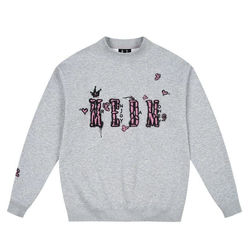 MEDM Graffiti Printed Logo Casual Round Neck Hoodie Autumn/Winter American Street Color Contrast Plus Velvet Couple Top