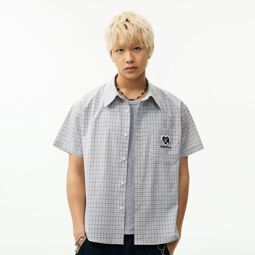 MEDM Love Toothbrush Embroidered Plaid Casual Short Sleeve Shirt for Couples, Retro Plaid Loose Outer Shirt for Men