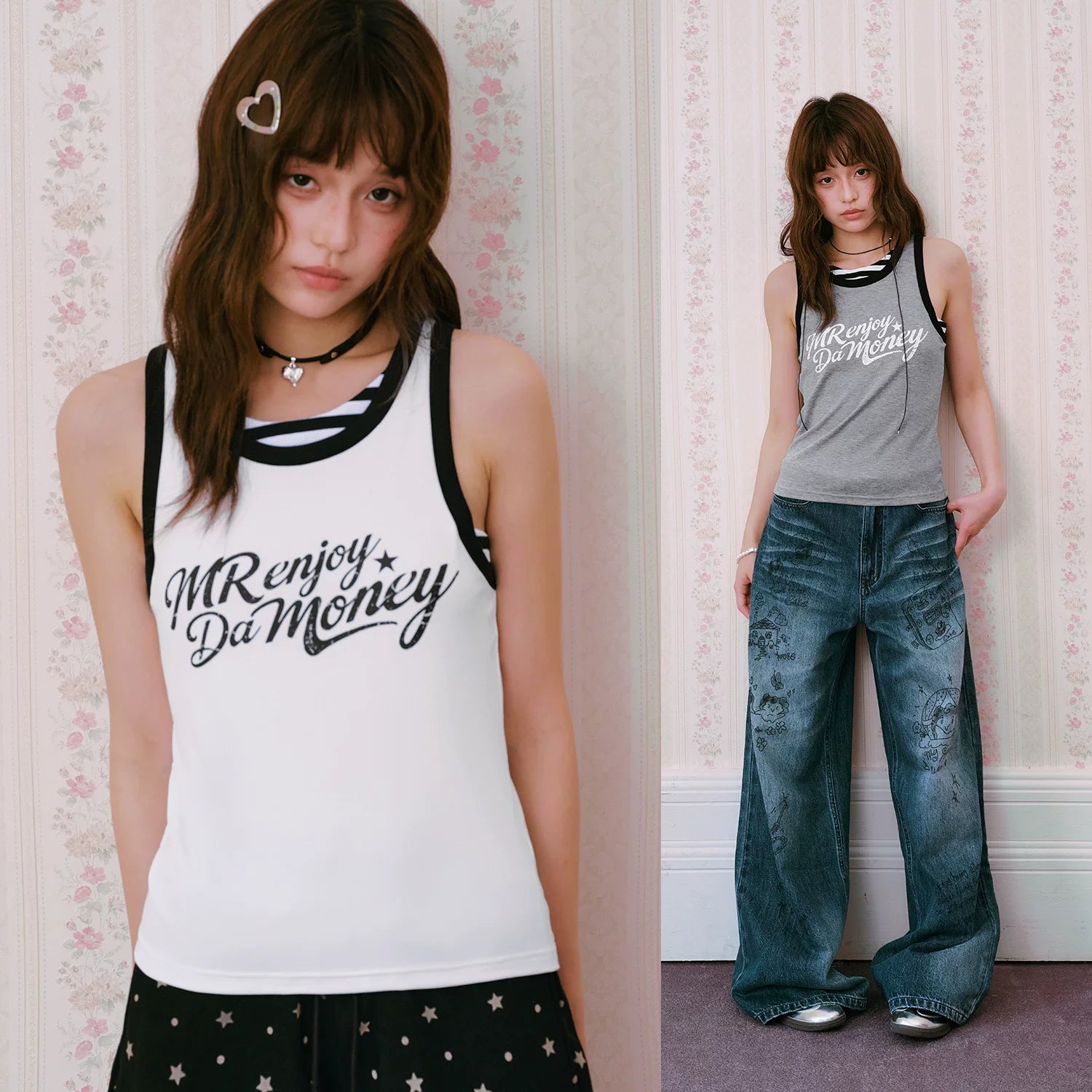 MEDM fake two-piece striped patchwork contrasting casual cross shaped vest with American retro print sleeveless suspender for women