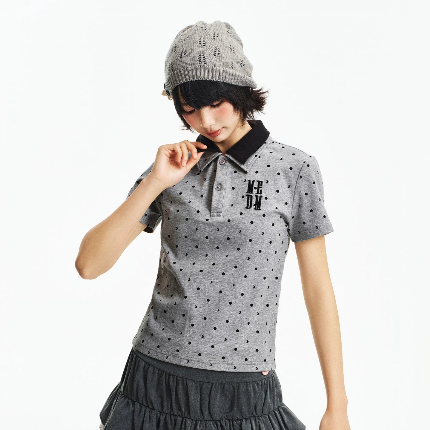 MEDM fake two piece polka dot embroidery loose collar short sleeved summer new retro college style casual T-shirt for women