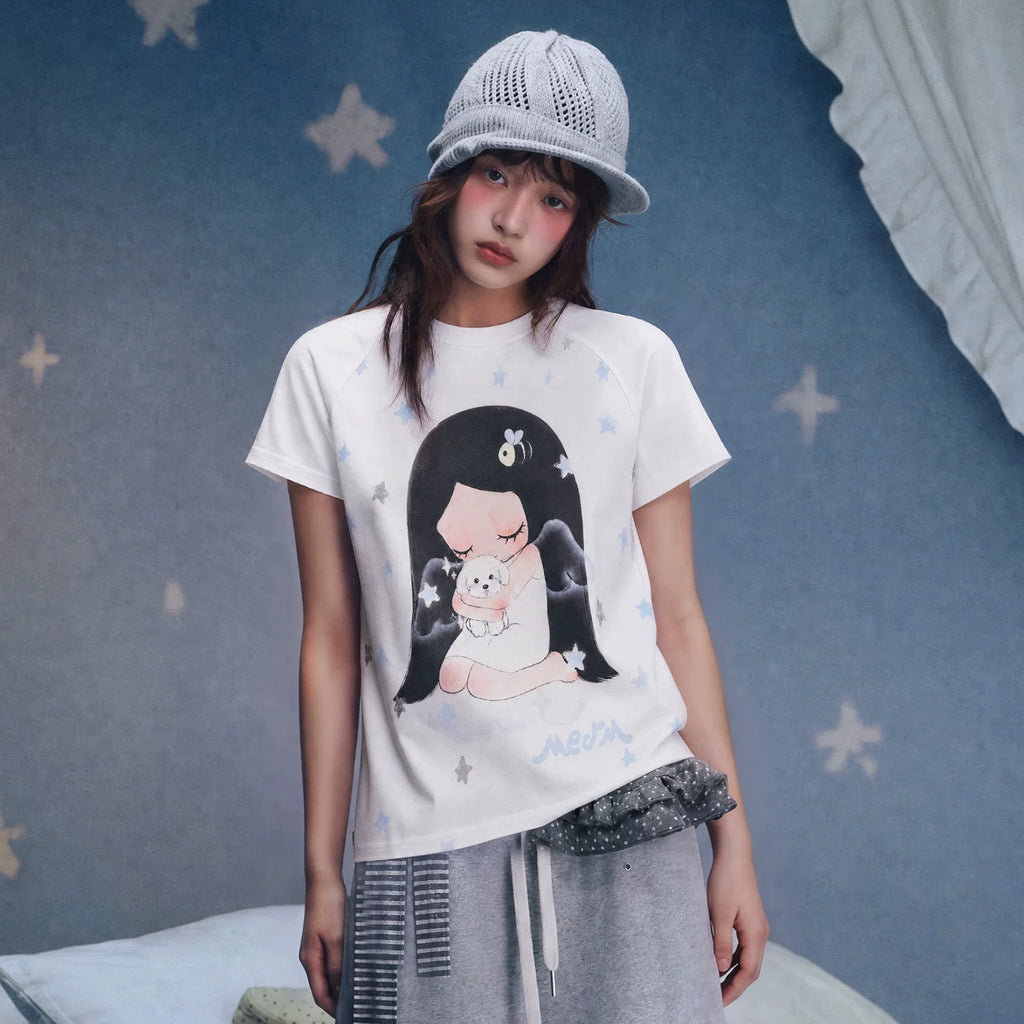 MEDM × Iria's mailbox co branded guardian dog print slim fit shoulder inserted casual short sleeved round neck T-shirt for women