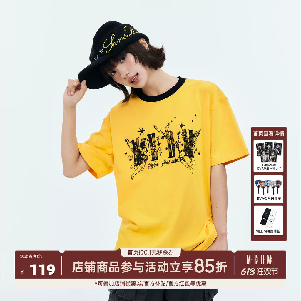 MEDM Little Angel Star Retro Contrast Round Neck Casual Short Sleeve Street Versatile Relaxation Loose Couple T-shirt