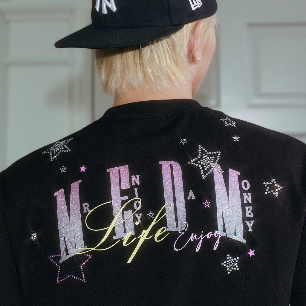 MEDM Sparkling Pink Star Hot Diamond Logo Casual Round Neck T-shirt American Street Versatile Loose Couple Short Sleeve Summer