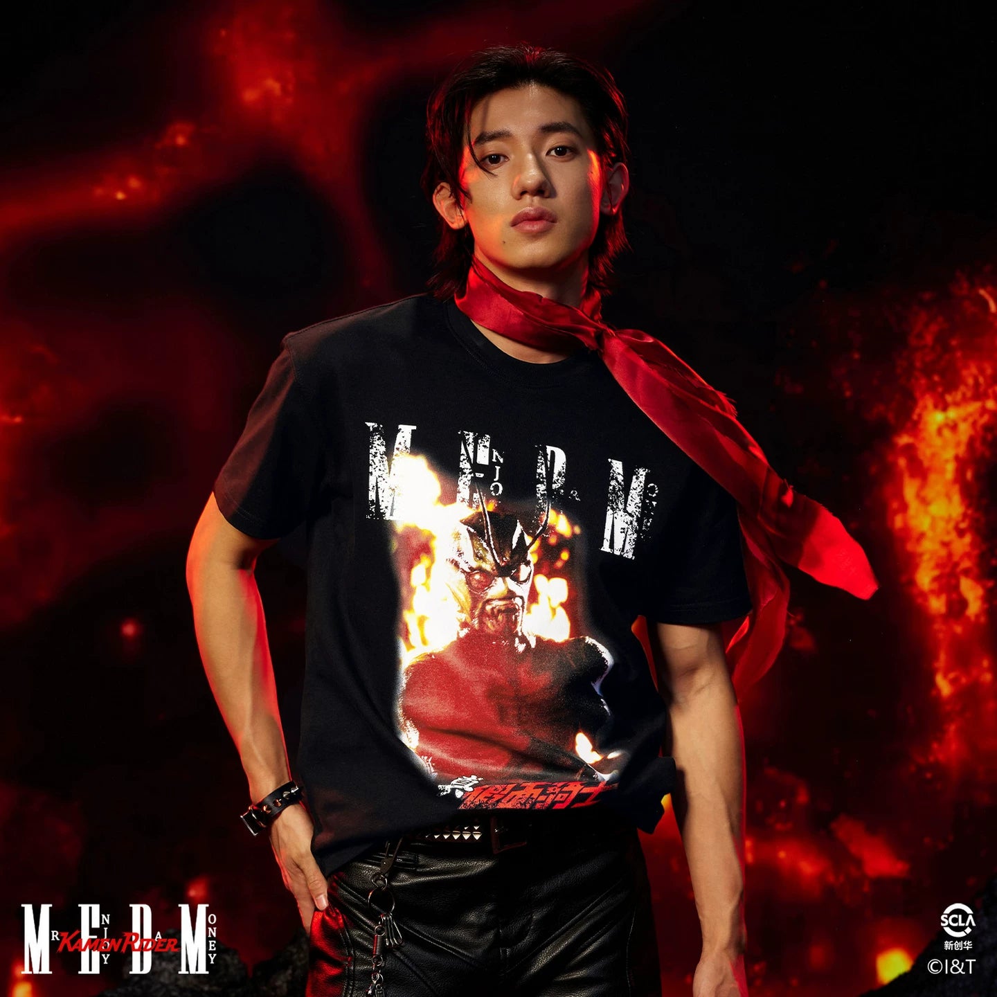 MEDMx Kamen Rider Collaboration - True Me Flame Printed Casual Round Neck Short Sleeve Men's Loose Cotton T-shirt Summer