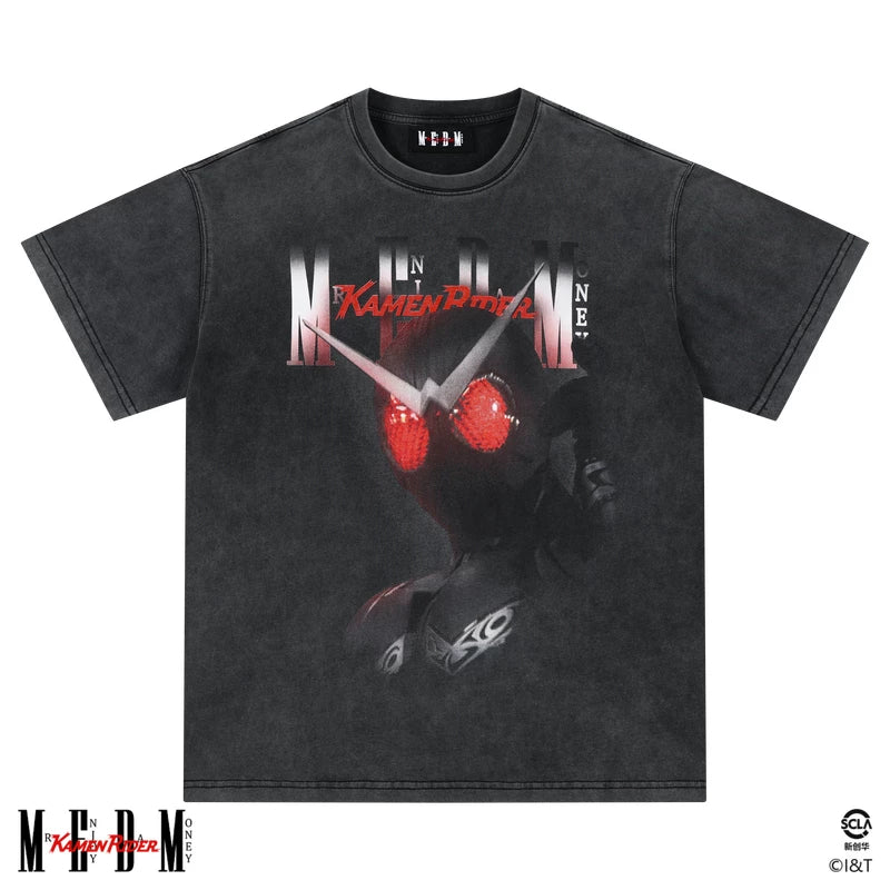 MEDMx Kamen Rider Collaboration - Half body Printed Cotton Washed Outdated Casual Short Sleeve Men's Round Neck T-shirt