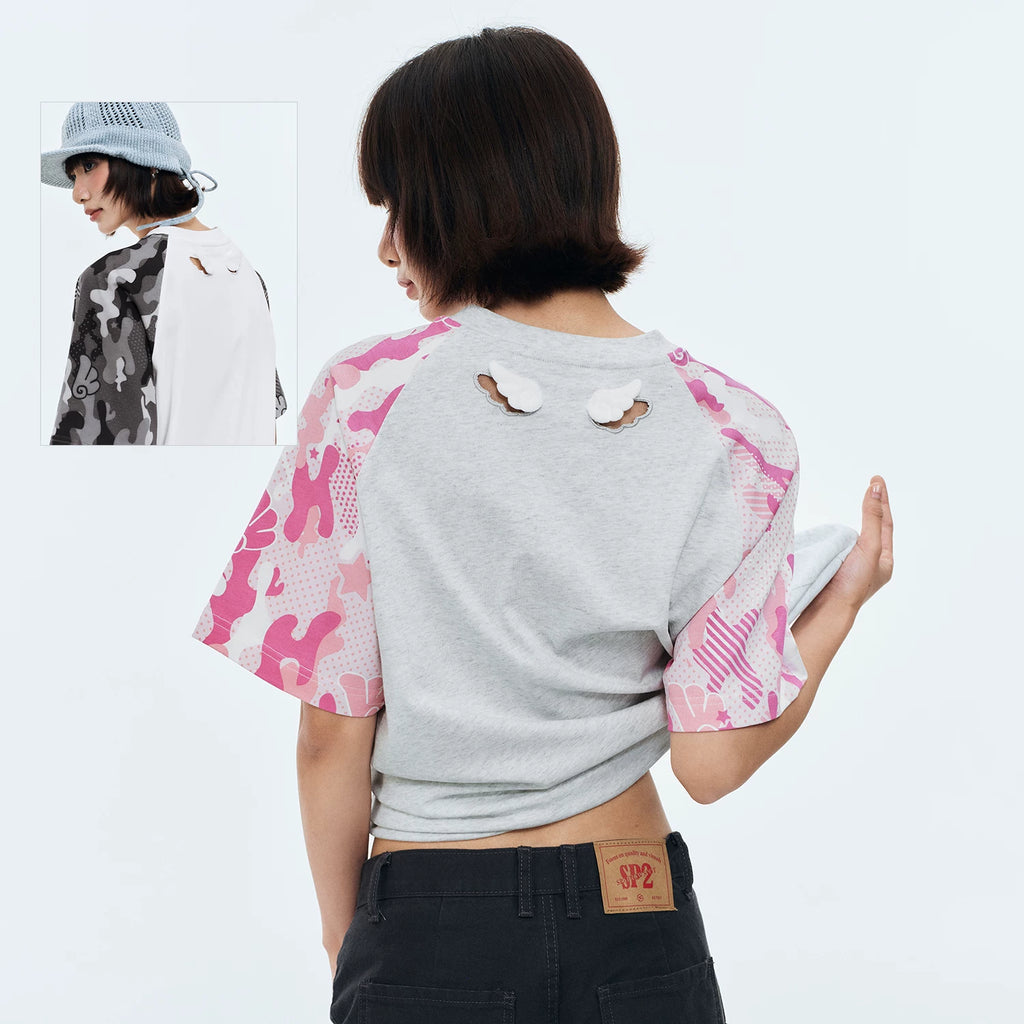 MEDM 小翅膀插肩迷彩logo印花休闲宽松短袖街头通勤男女圆领T恤夏
