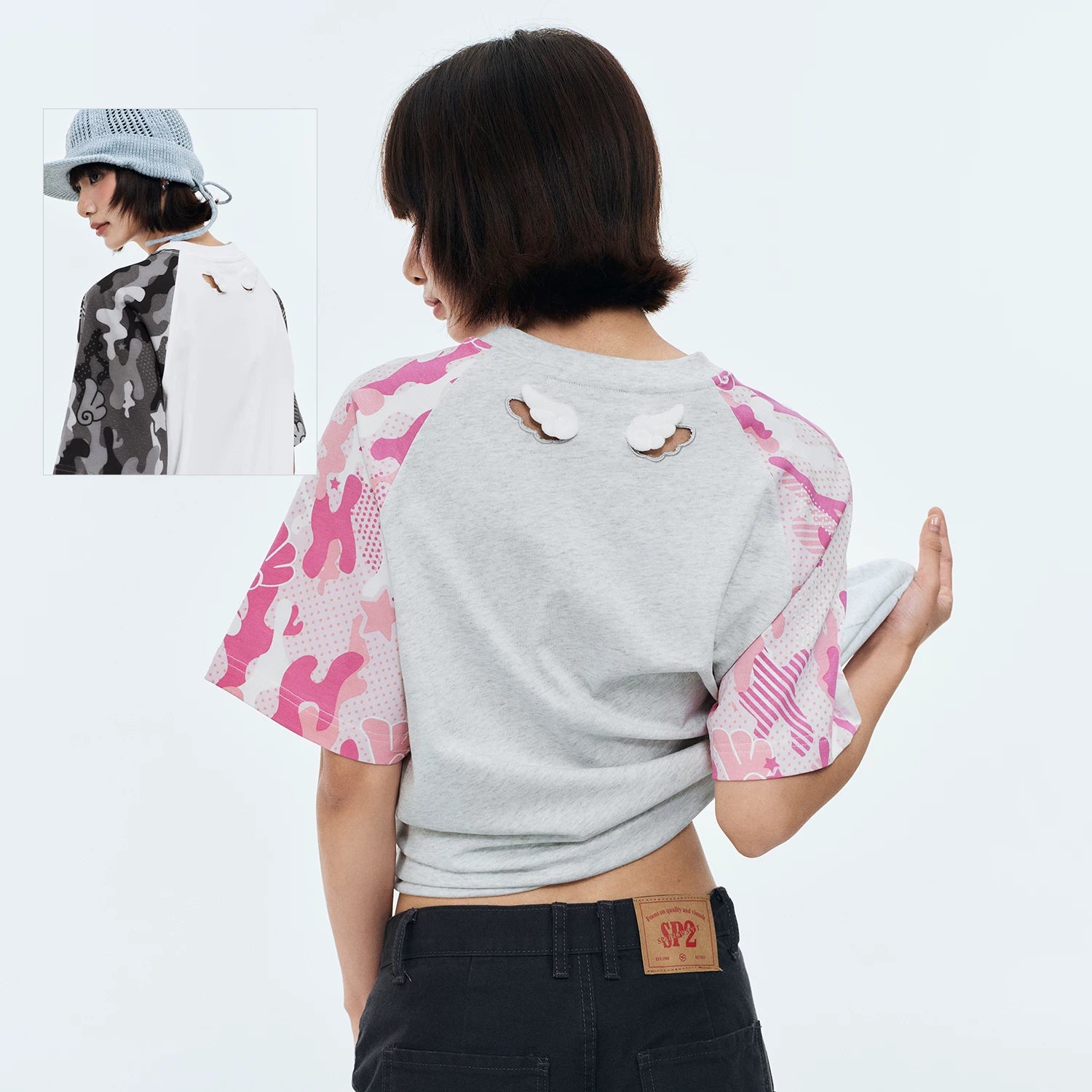 MEDM 小翅膀插肩迷彩logo印花休闲宽松短袖街头通勤男女圆领T恤夏