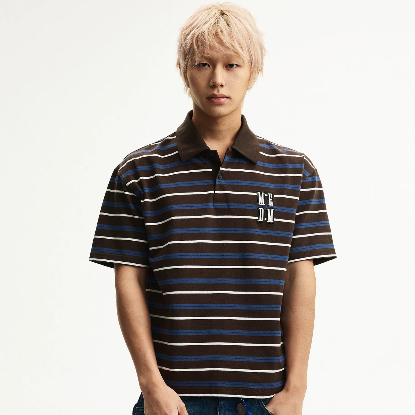 MEDM color blocked striped polo three-dimensional shell embroidery casual round neck short sleeved classic design loose couple T-shirt