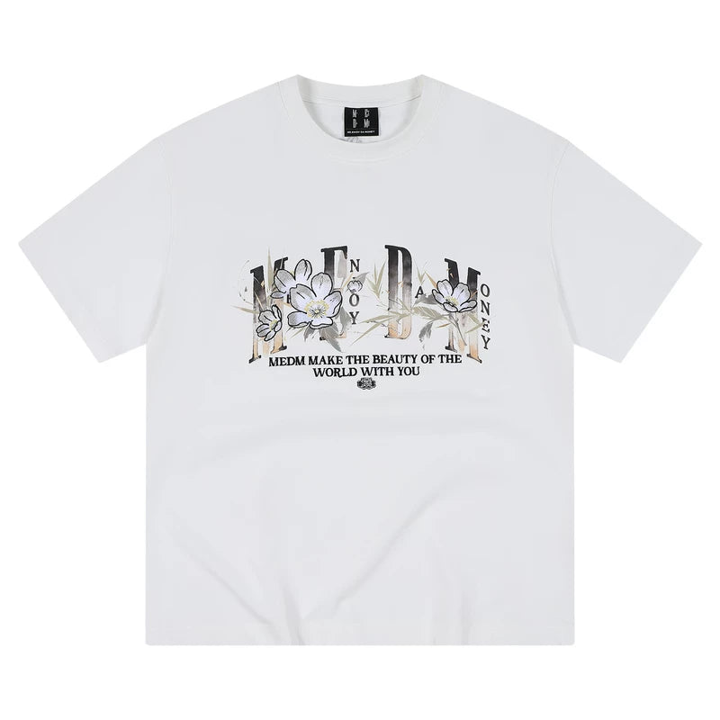 MEDM Ink Flower Embroidery Letter Printing Casual Round Neck T-shirt Chinese Style Commuter Loose Round Neck Couple Short Sleeve