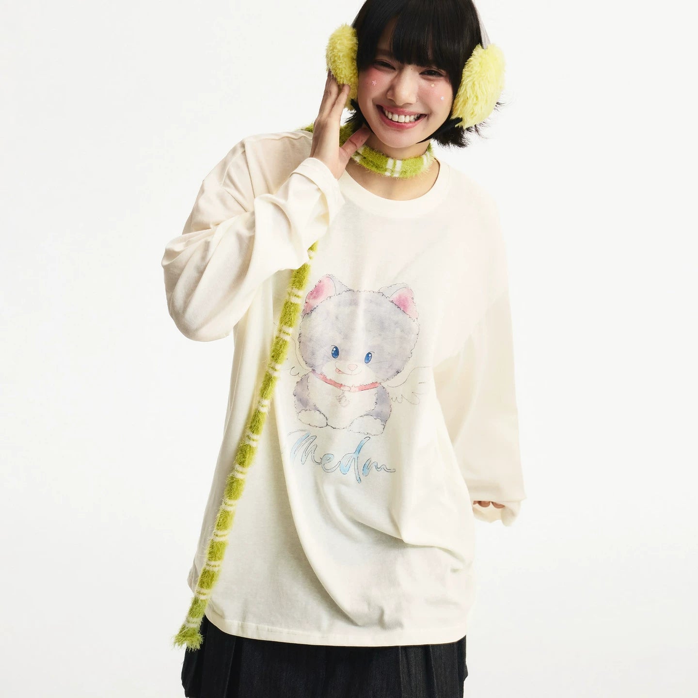MEDM Angel Cat Pattern Printed Casual Round Neck Long Sleeve T-shirt Women's Versatile Cute Style Loose Top Summer