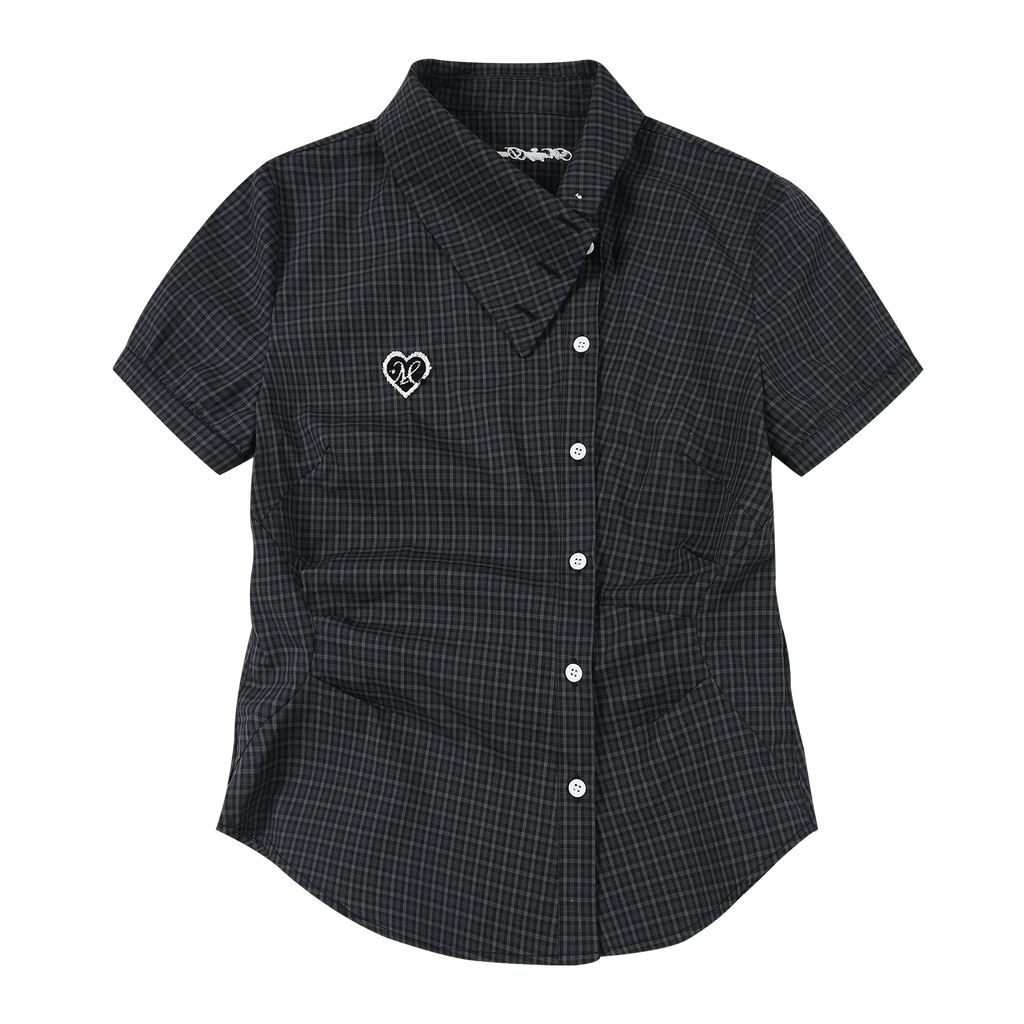 MEDM heart-shaped checkered slanted waist casual short sleeved shirt with sweet and cool embroidery, slim fit and slimming short top for women