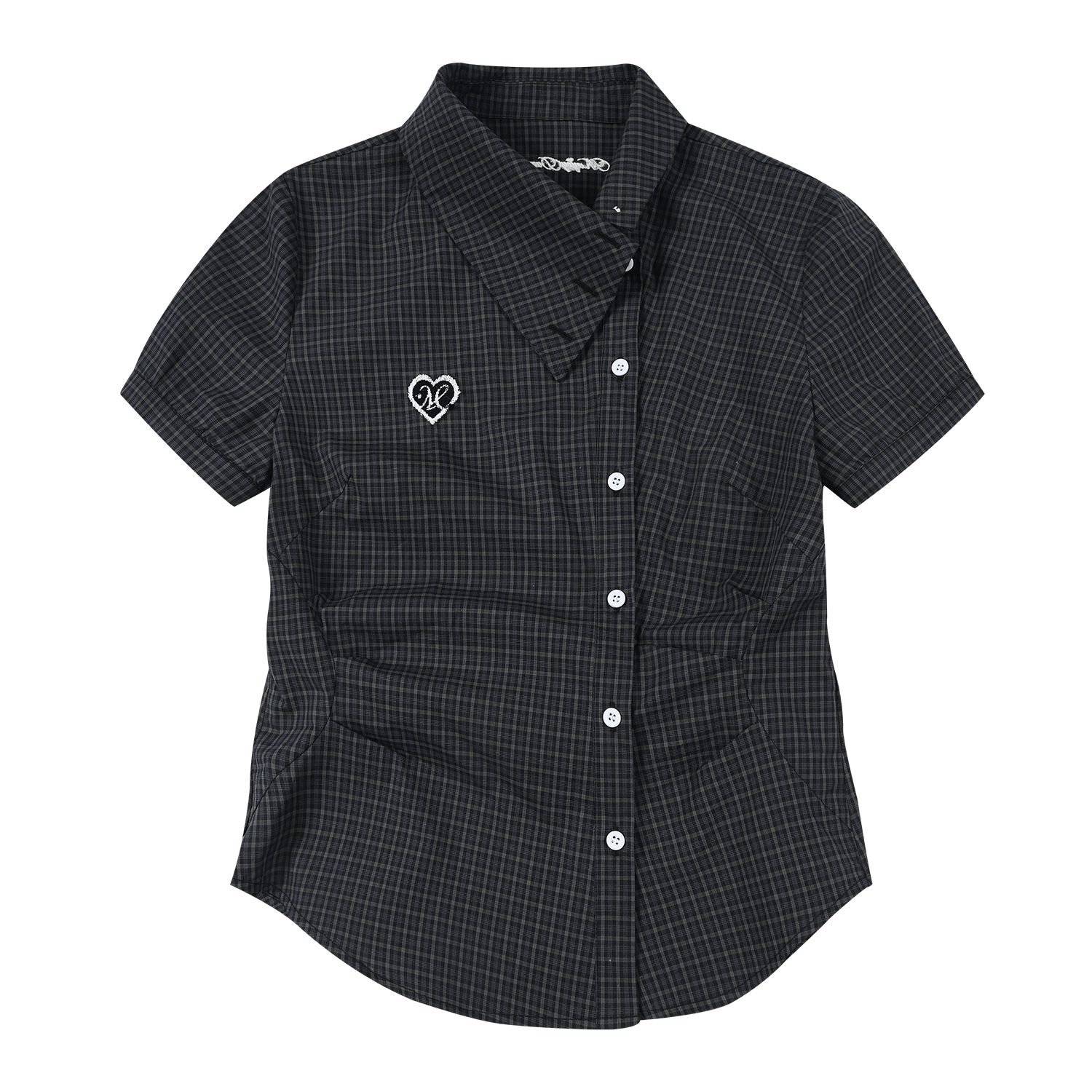 MEDM heart-shaped checkered slanted waist casual short sleeved shirt with sweet and cool embroidery, slim fit and slimming short top for women