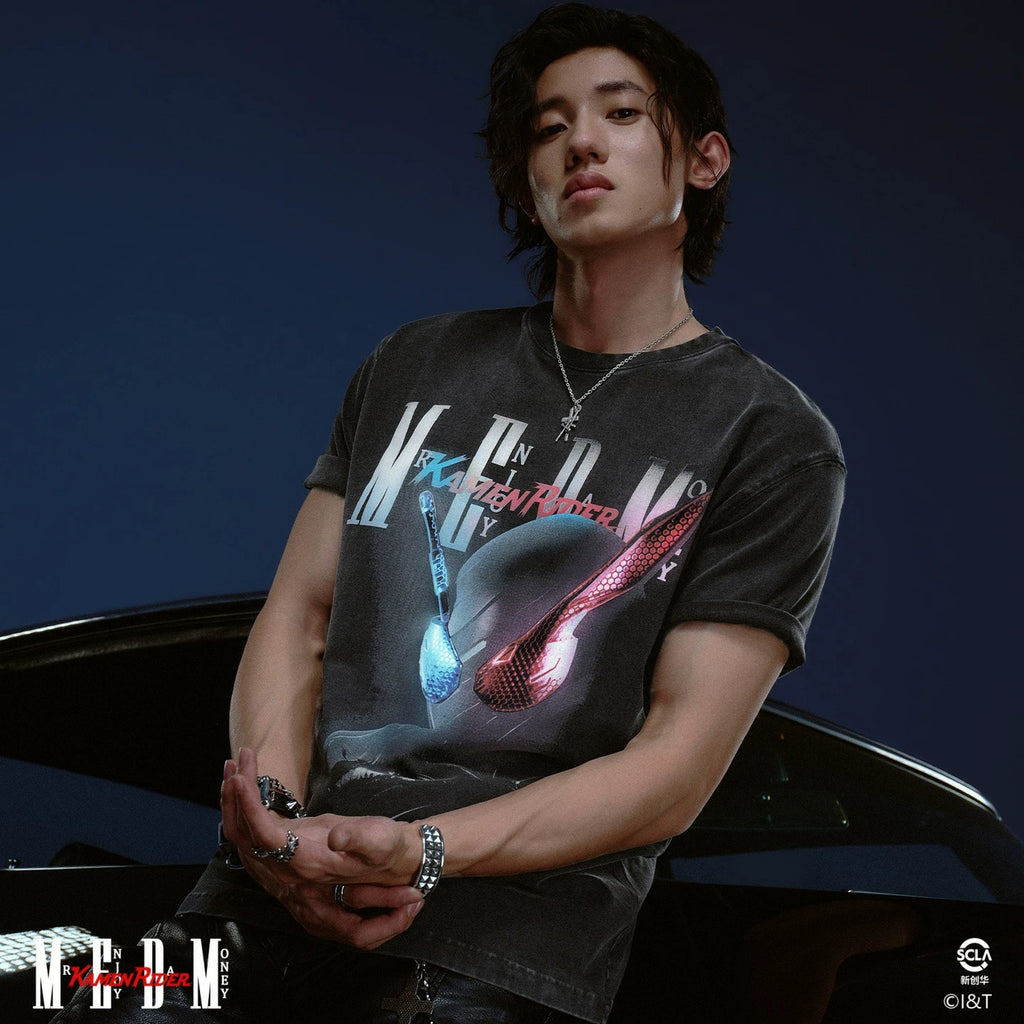 MEDMx Kamen Rider Collaboration - Half body Printed Cotton Washed Outdated Casual Short Sleeve Men's Round Neck T-shirt