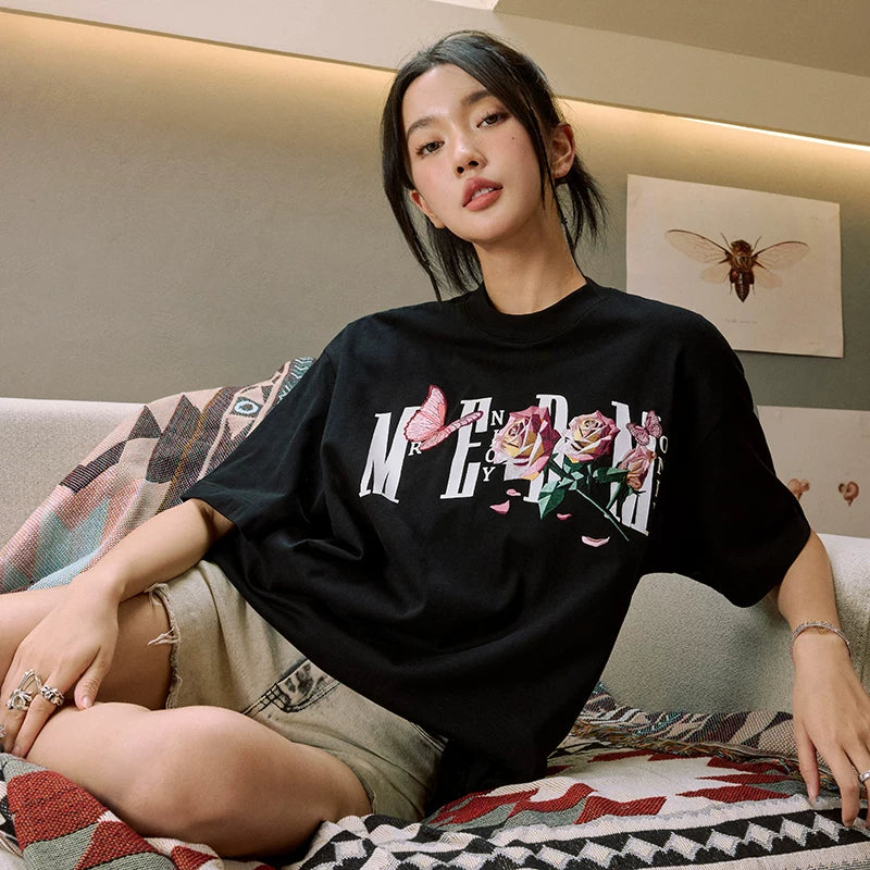 MEDM Origami Sliced Rose Butterfly Embroidered Short Sleeve T-shirt for Men and Women, Summer American Retro Loose Half Sleeve