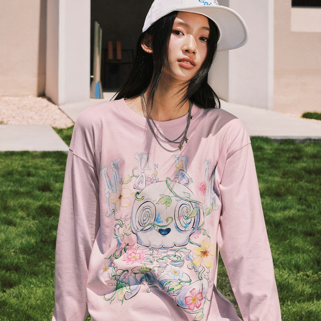 MEDM Skeleton Bear Vine Flower Printed Round Neck Casual Long Sleeve T-shirt Trendy and Comfortable Men's and Women's Top for Spring and Summer