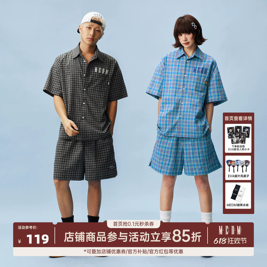 MEDM plaid beach wide leg logo labeled casual pants 26 new loose fitting unisex plaid shorts for summer