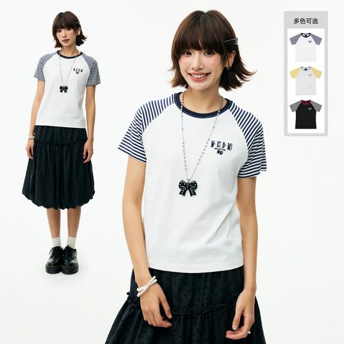 MEDM Basic Stripe Splicing Shoulder Sleeve Casual T-shirt Summer American Retro Logo Embroidered Loose Short Sleeve for Women