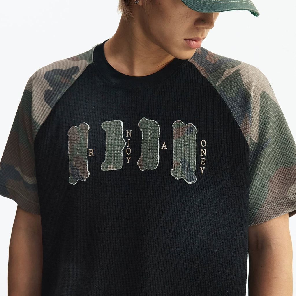 MEDM Waffle Camouflage Patch Logo Shoulder Insertion Casual Round Neck Short Sleeve Retro Vintage Vintage Loose Men's and Women's T-shirt Summer