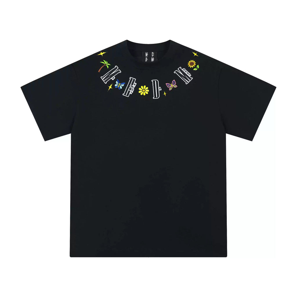MEDM Butterfly Necklace Embroidered Top Black and White Printed Short Sleeve T-shirt Summer Unisex Versatile Loose Casual T-shirt