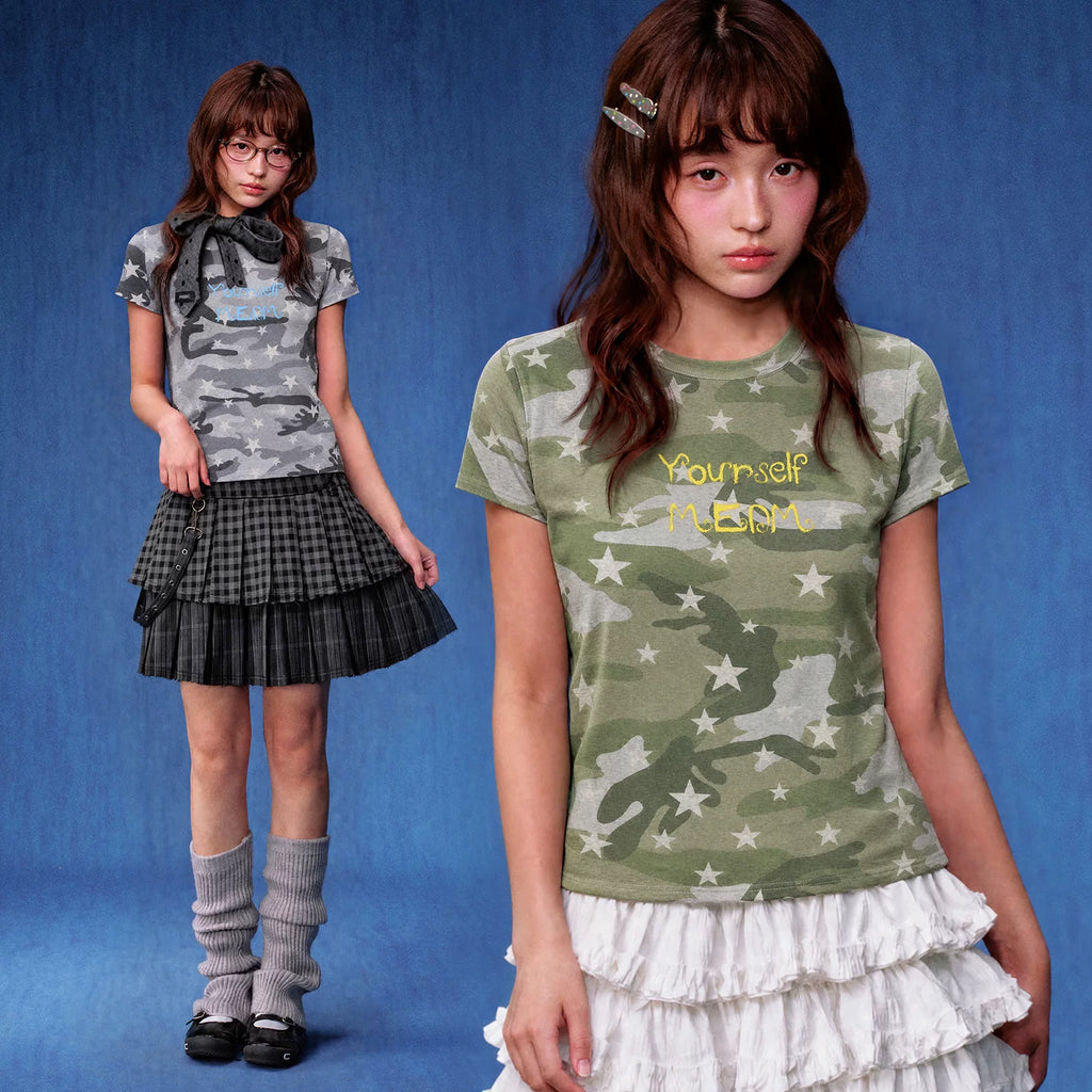 MEDM chest handwritten slogan print camouflage stars full print casual T-shirt American street style round neck short sleeved shirt