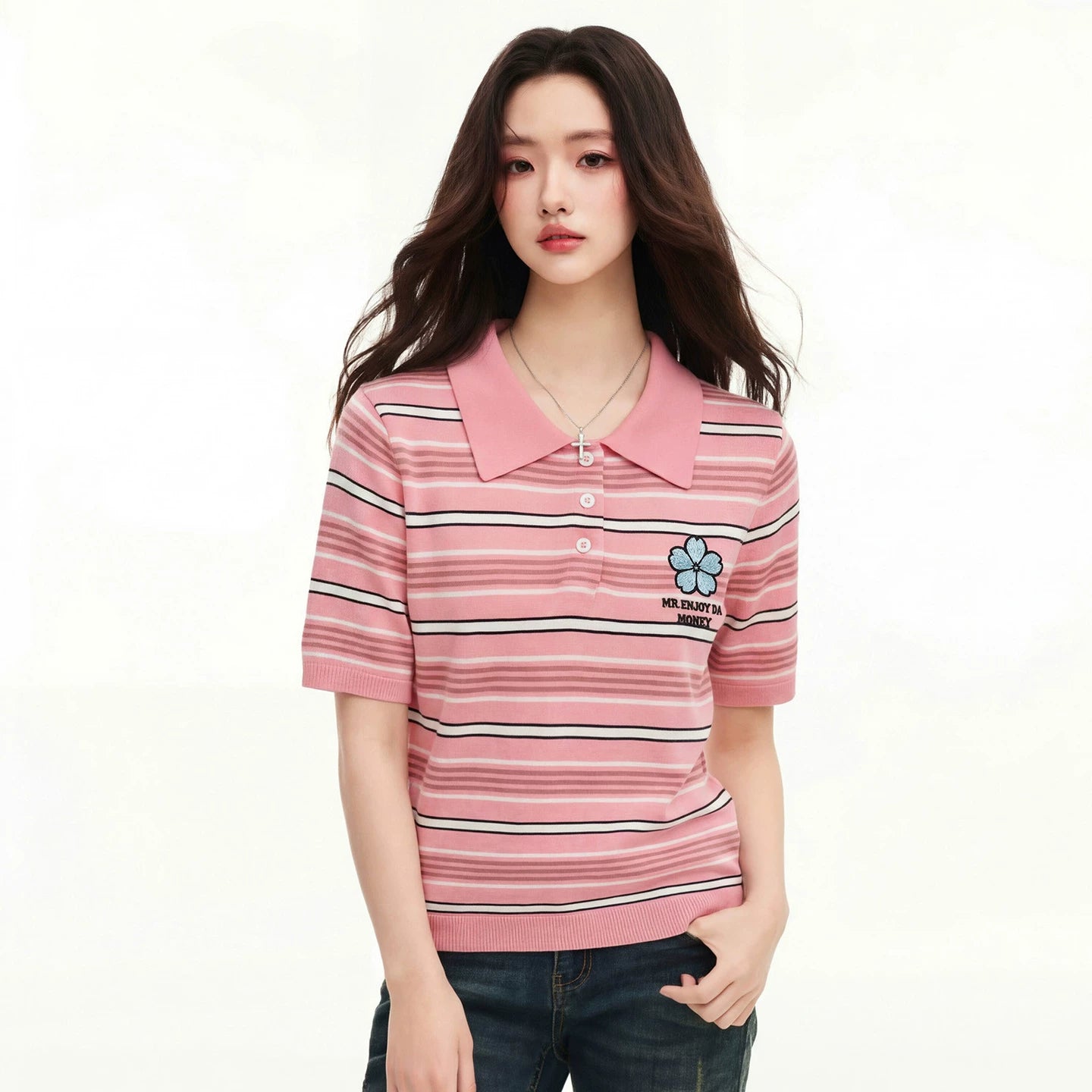 MEDM fine striped floral embroidery women's casual lapel polo knit shirt slimming loose short sleeved top summer