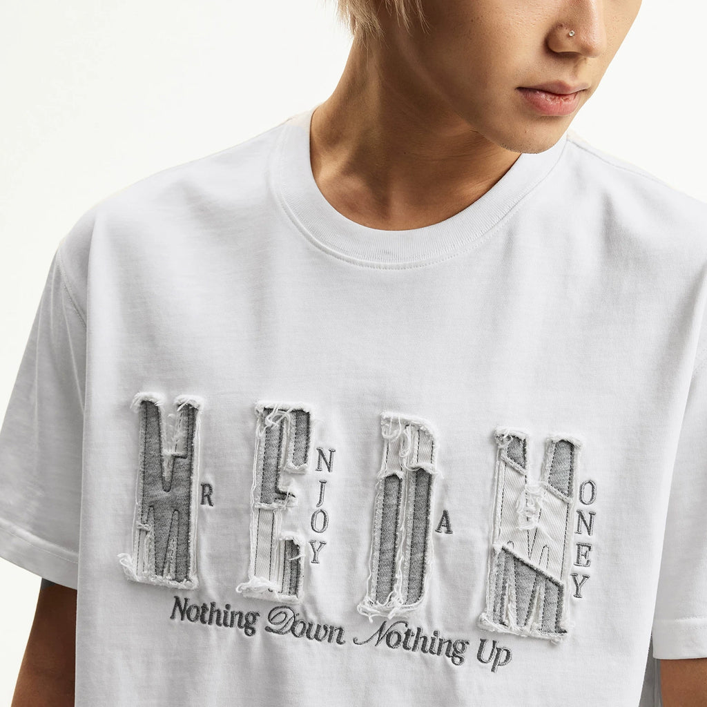 MEDM color blocking patch destroys letter logo embroidery casual round neck short sleeved trendy versatile loose couple T-shirt