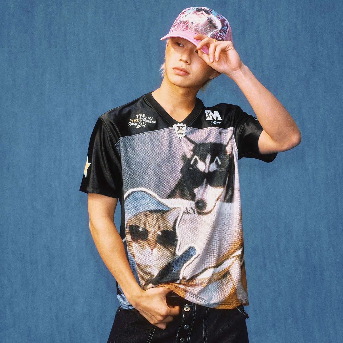 MEDMxYAD collaboration healing cute pet photography print casual short sleeved football suit American retro couple T-shirt summer