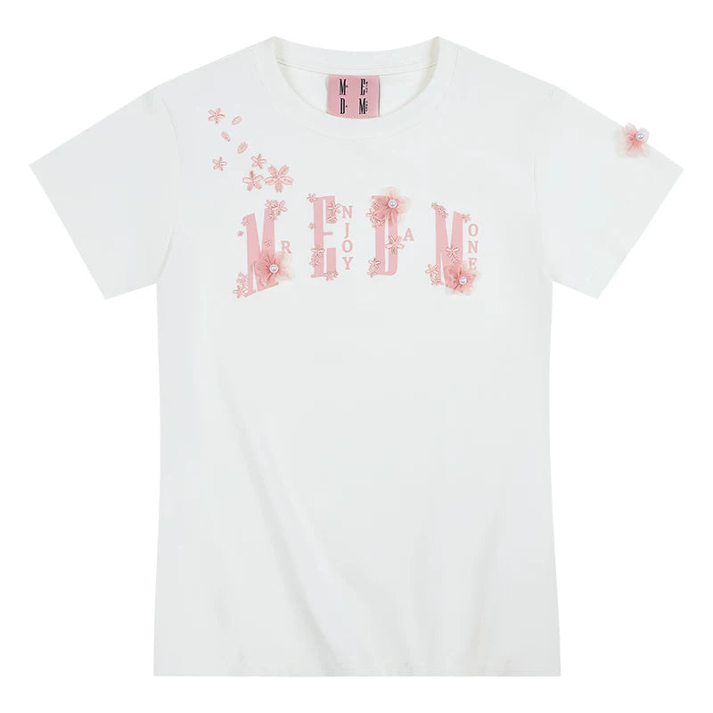 MEDM26SS cherry blossom shoulder over short sleeved men's loose five quarter sleeve summer casual T-shirt couple pullover top women