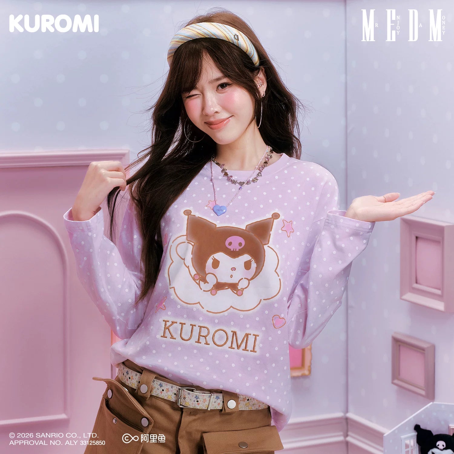 MEDM × Sanrio Family Series Cool Lomi Full Print Casual Long Sleeve Hoodie with Embroidered Alphabet Top Trendy