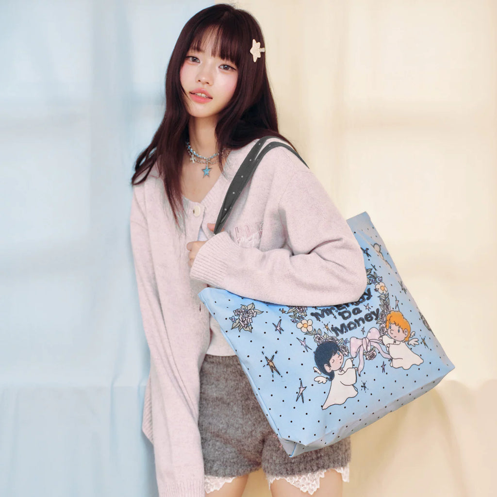 MEDM flower wreath, little angel digital printing, wear-resistant and casual large capacity canvas bag, personalized and cute style handbag