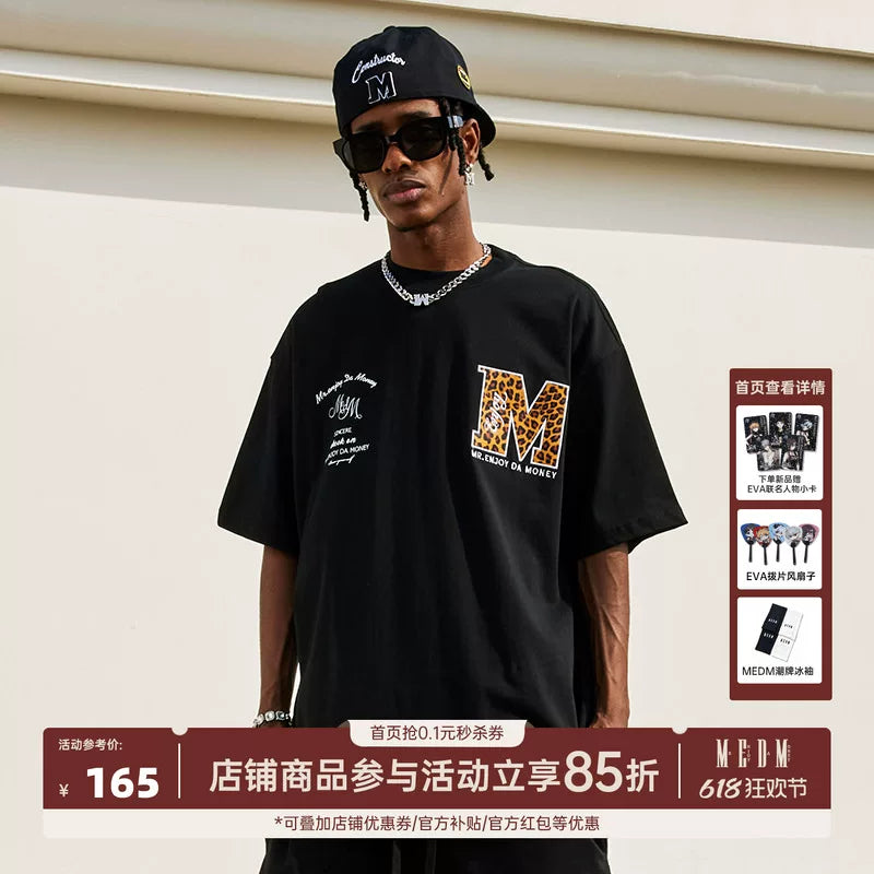 MEDM trendy leopard print snake print patchwork embroidery American hip-hop short sleeved T-shirt for men's summer loose half sleeved base shirt