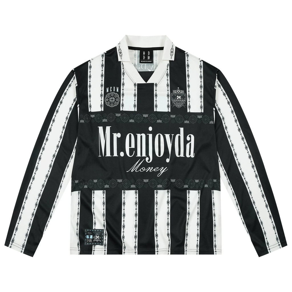 MEDM contrasting striped patchwork casual jersey long sleeved T-shirt American commuter couple loose collar top for spring and autumn