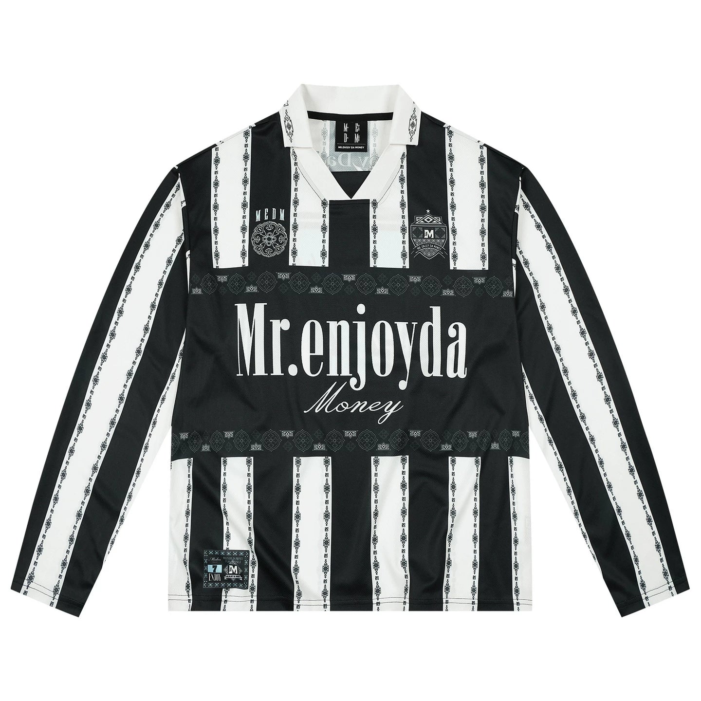 MEDM contrasting striped patchwork casual jersey long sleeved T-shirt American commuter couple loose collar top for spring and autumn
