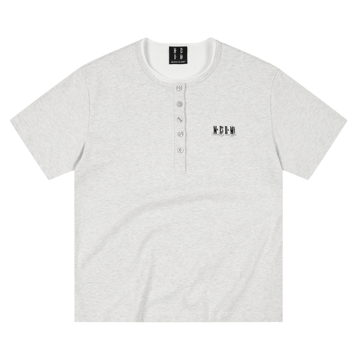 MEDM fake two Henry collar embroidered logo relaxed casual T-shirt simple and versatile breathable loose short sleeved men